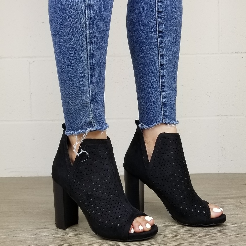 Perforated Block Heel Sandal Ankle Bootie